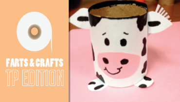 Farts and Crafts TP Edition title next to paper cow made from toilet paper rolls