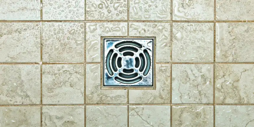 A shower drain on a tile floor with droplets of water surrounding it after it has received services for clearing a clogged shower drain.