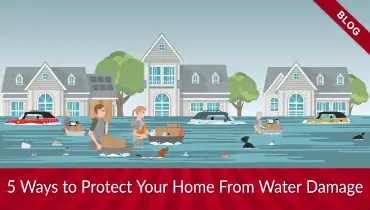 Drawing of flooded neighborhood with text boxes that read "blog" and "5 ways to protect your home from water damage"