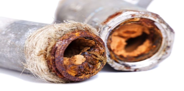 Close-up look at the inside of a heavily corroded pipe, with rust that has turned orange due to oxidation.