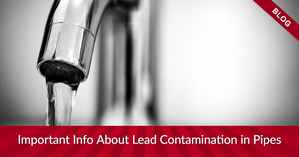 Sink faucet pouring water with text boxes reading "blog" and "important info about lead contamination in pipes"
