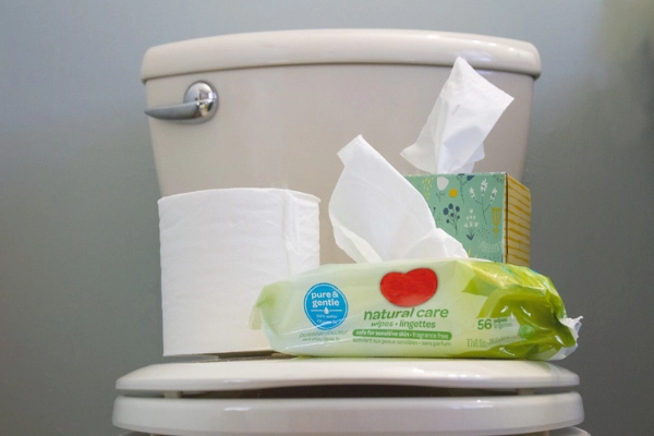 Toilet paper, kleenex, and flushable wipes on toilet seat