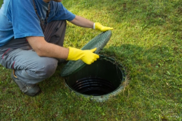 Service technician opening septic tank lid. Cleaning and unblocking septic system and draining pipes.