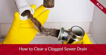 Yellow gloves removing a pipe with hair clogging it with banners reading "blog" and "how to clear a clogged sewer drain"
