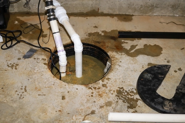 A sump pump in the basement of a residential home.