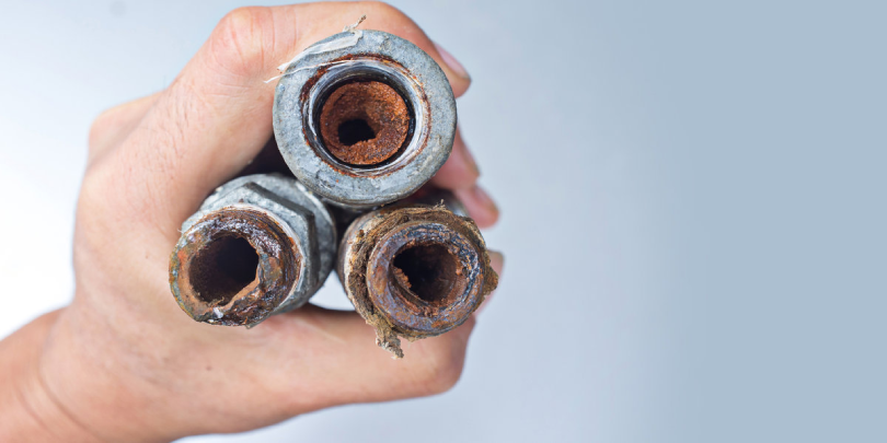 A hand holding three sections of clogged pipes that are filled with debris, corrosion, and waste that is narrowing their interior.