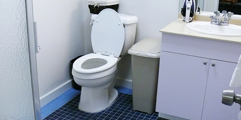 Toilet with the seat lifted up.