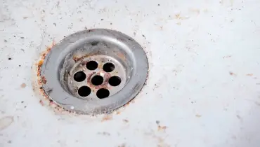 A drain in the bottom of a tub coated with the residue of the wastewater that appeared during a sewer backup.