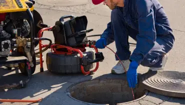 A plumber conducting a sewer camera inspection with a specialized plumbing video camera system.