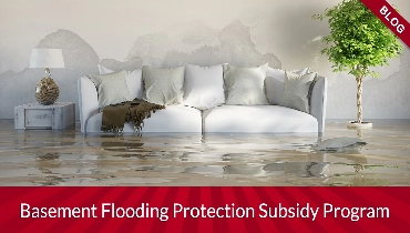 living space flooded with text that says basement flooding protection subsidy program