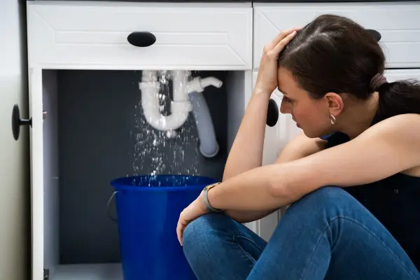 A homeowner looking at a large leak under their sink that requires emergency service from a 24-hour plumber.
