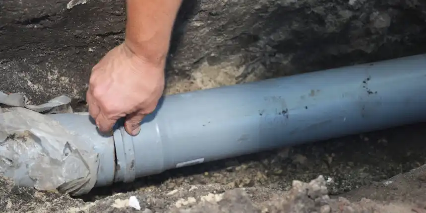 A close up of a plumber’s hand near a sewer pipe as they perform sewer repairs for a buried pipe.