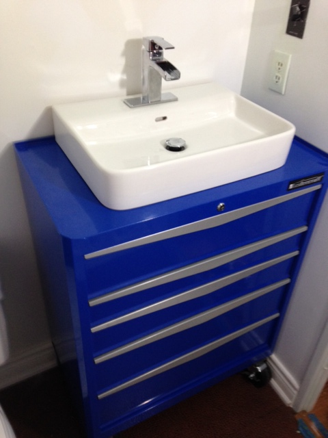 blue and white sink