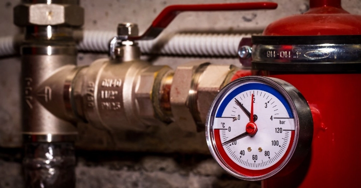 A pressure reducing valve with a pressure gauge installed in a residential plumbing system in Ottawa, ON.