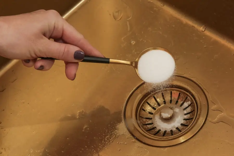  A hand holding a spoonful of baking soda over a gold-colored kitchen sink drain.