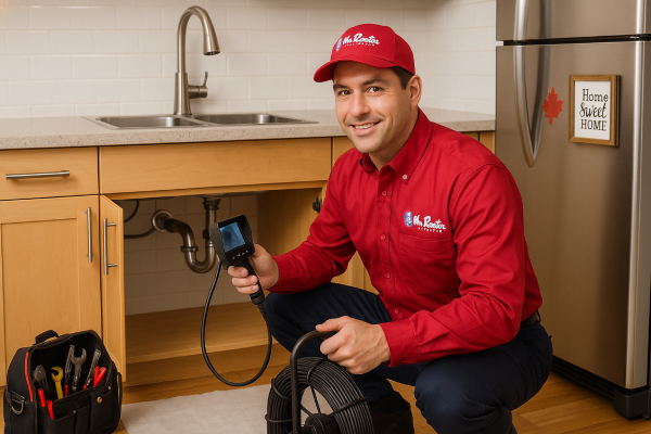 Friendly plumber in Mr. Rooter uniform inspecting pipes under a kitchen sink in a Canadian home using video equipment, with maple cabinets and clean workspace.
