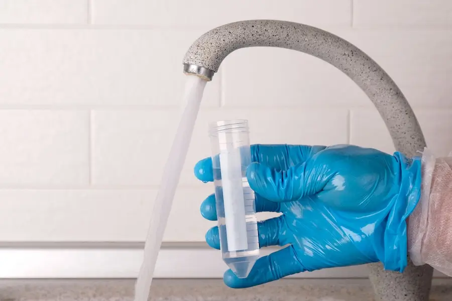 Performing a water test with a test tube held by a man in blue gloves.