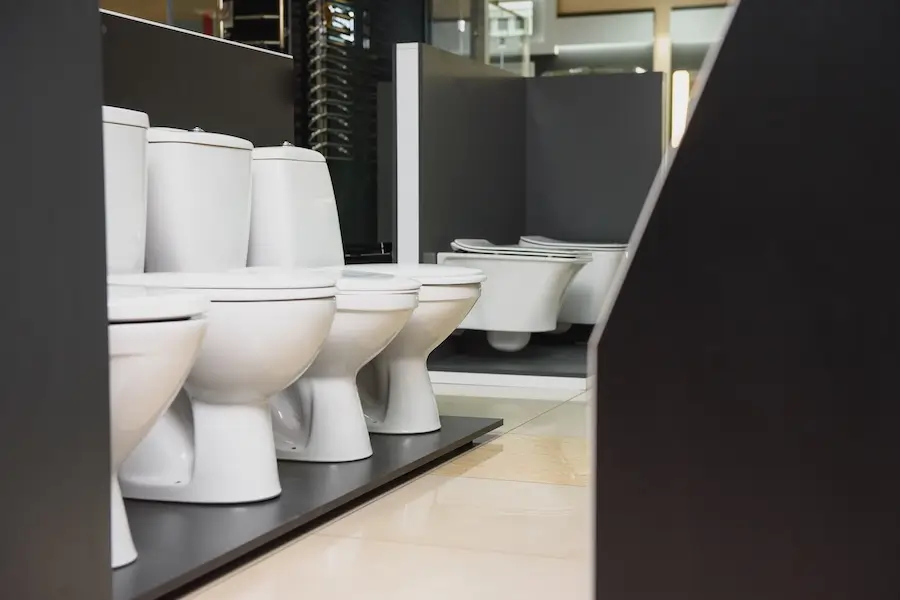 A range of elongated and round toilets available for sale in a store. 