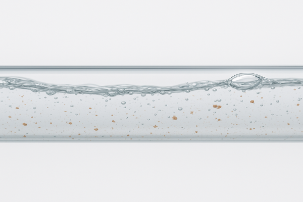 Transparent pipe with water flowing through it, containing small particles like minerals, rust, and air bubbles. The background is light and clean, emphasizing what may be in household water.