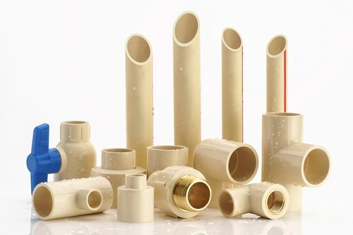 An assortment of CPVC pipes, valves, and fittings