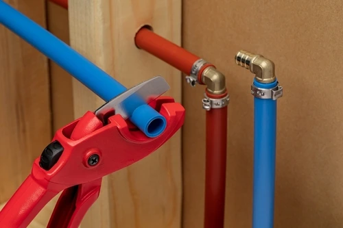 Red and blue PEX piping in a wooden wall frame, with a loose section being trimmed by a pipe cutter
