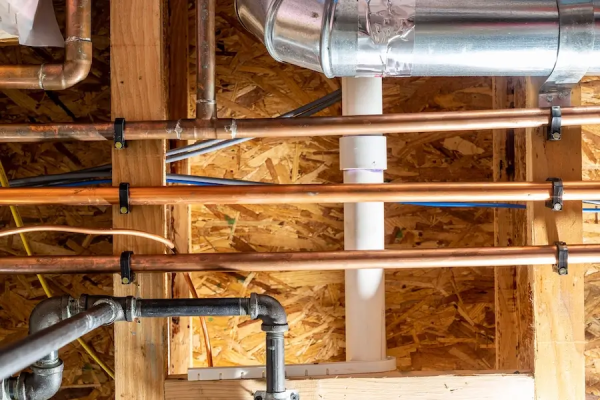 Overhead view of exposed copper, PVC, and steel plumbing pipes in a basement ceiling.