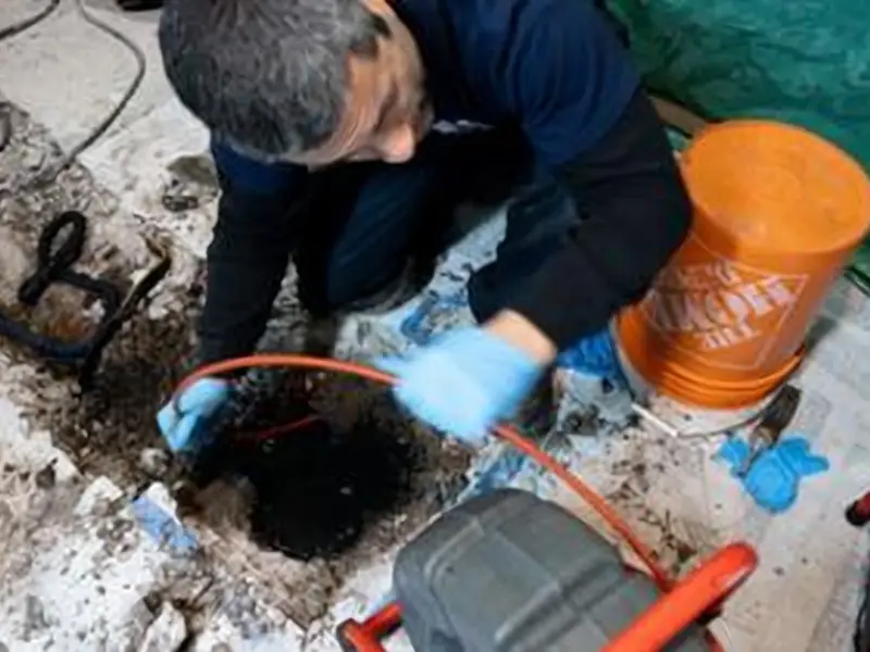 A professional plumber inspects an older drainage system through an opening in a basement floor.