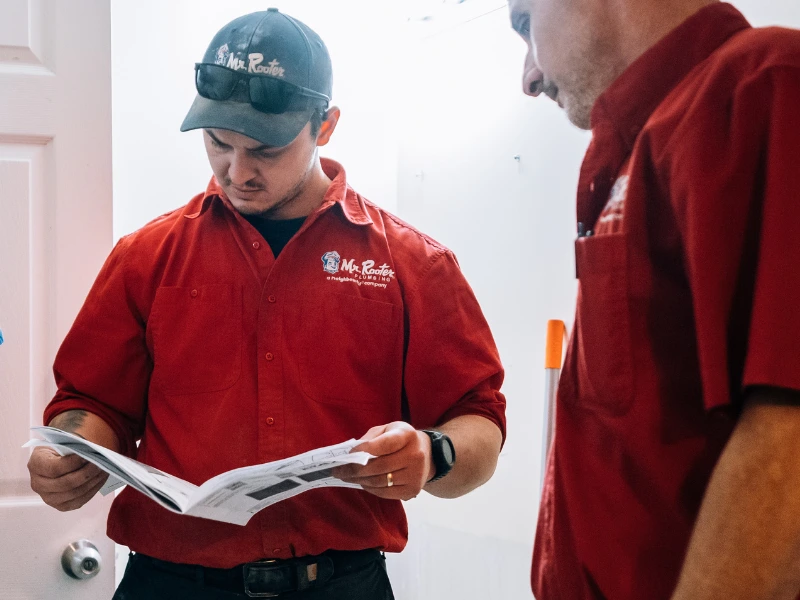 Two Mr. Rooter professionals looking through a guide.