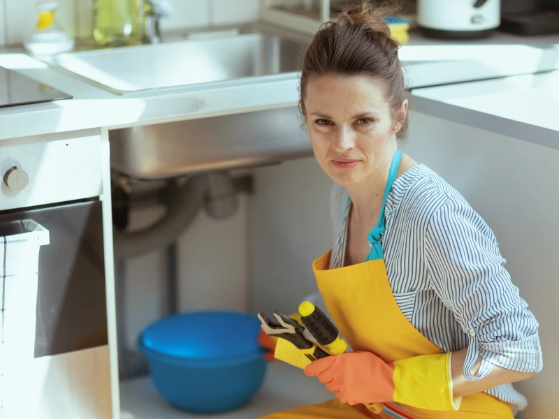 Customer fixing a drain herself.