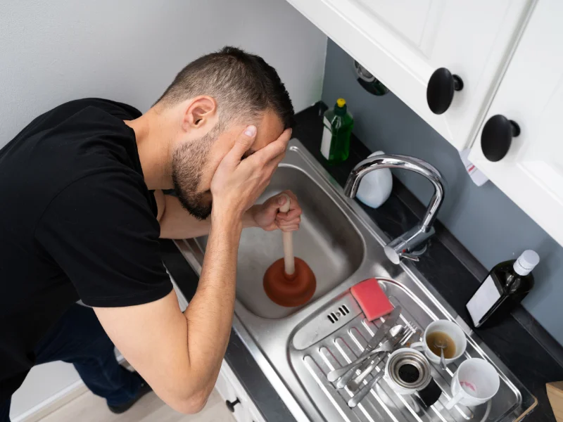 Customer working with a plunger to unclog a sink.