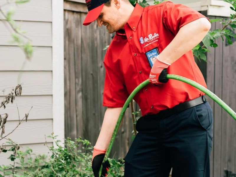 Mr. Rooter professional performing a Hydroscrub jetting service.