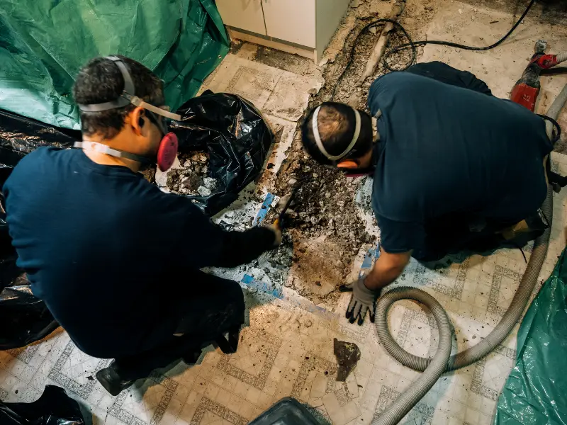 Two plumbers excavating a section of flooring to access and repair a damaged drain or sewer line.