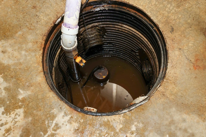 Water collecting in a basement sump pump pit, illustrating how a sump pump not working during storms can increase the risk of a sewer backup.