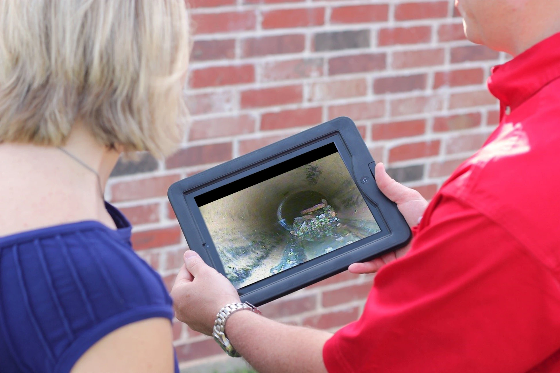 A Mr. Rooter plumbing professional showing a homeowner the results of a sewer camera inspection.