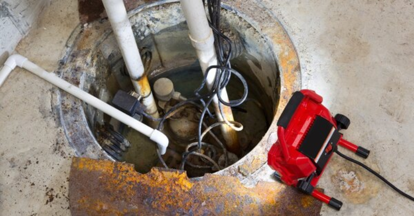  A sump pump in a pit with the cover removed, and a specialized device placed nearby for sump pump repair in Mississauga, ON.